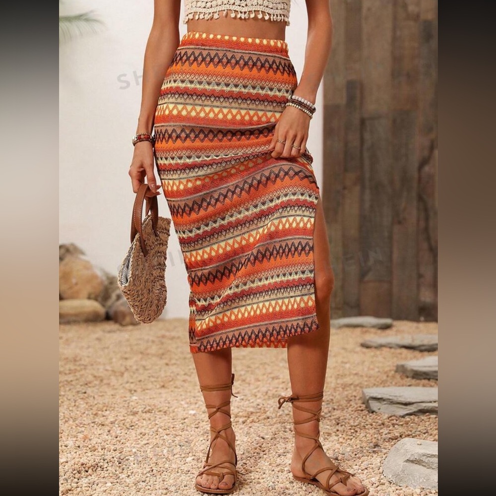 NWOT SHEIN VCAY Geometric Striped Side Slit Skirt Multicolor w/Asymmetrical Hem - Picture 3 of 14